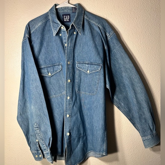 GAP Other - Vintage 90s Gap Mens M Distressed Double Pocket Denim Jean
Button Shirt Blue